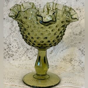 Fenton olive green hobnail ruffled compote or candy dish 1960-1970’s vintage